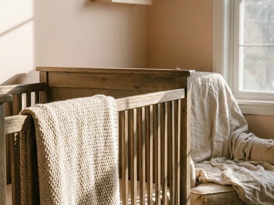 A quiet nursery at night, lit by one warm lamp